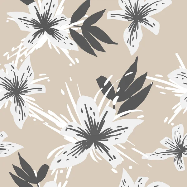 Yaprakları ve çiçekleri olan soyut, pürüzsüz bir desen. Çeşitli yüzey için vektör arkaplanı. Moda el çizimi dokular.