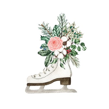Çiçek buketi ve pamukla süslenmiş suluboya Noel patenleri