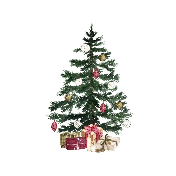 Acuarela Árbol de Navidad, bolas y cajas de regalo aisladas en blanco — Foto de Stock