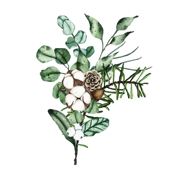 Akvarel vánoční zimní kytice uspořádání s jedlovými větvemi, zelené listy — Stock fotografie