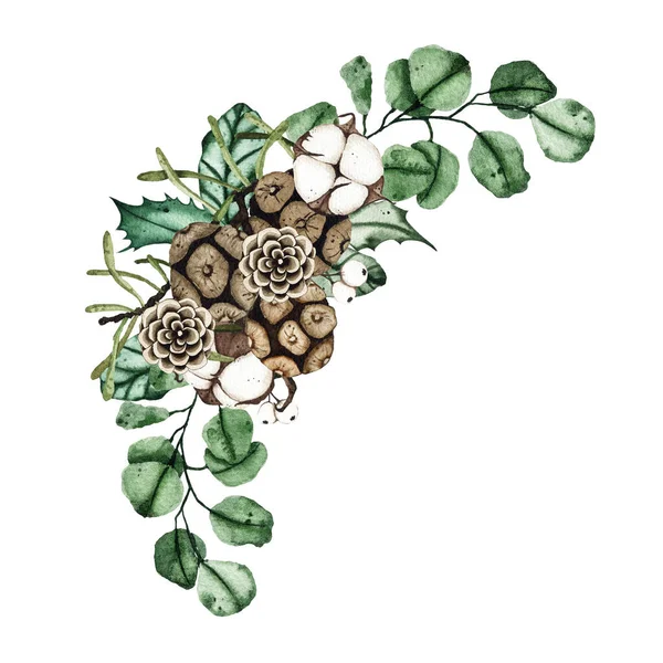 モミの枝 緑の葉 松のコーン 綿と水彩クリスマスの冬の花束の配置 白い背景に隔離された冬の花束 植物緑図 — ストック写真