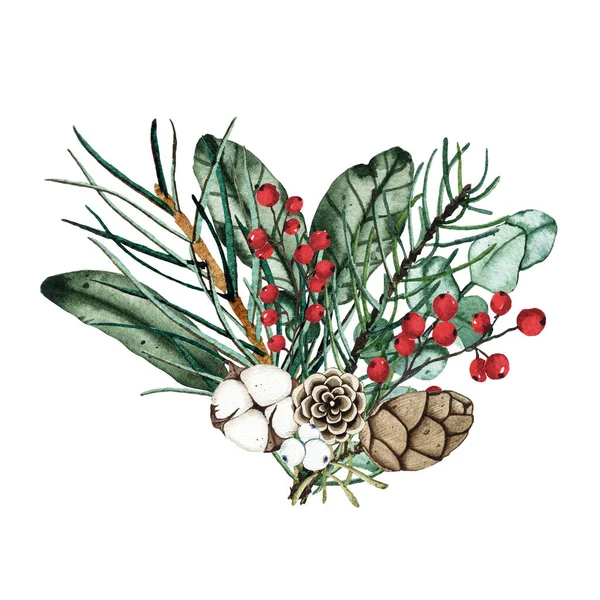 Aquarel kerst winter boeket arrangement met sparren takken, groene bladeren — Stockfoto