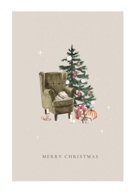 Suluboya Noel tebrik kartı, rahat koltuk, Noel ağacı ve hediyeler. Kış tatili yazılabilir poster tasarım şablonu çizimi