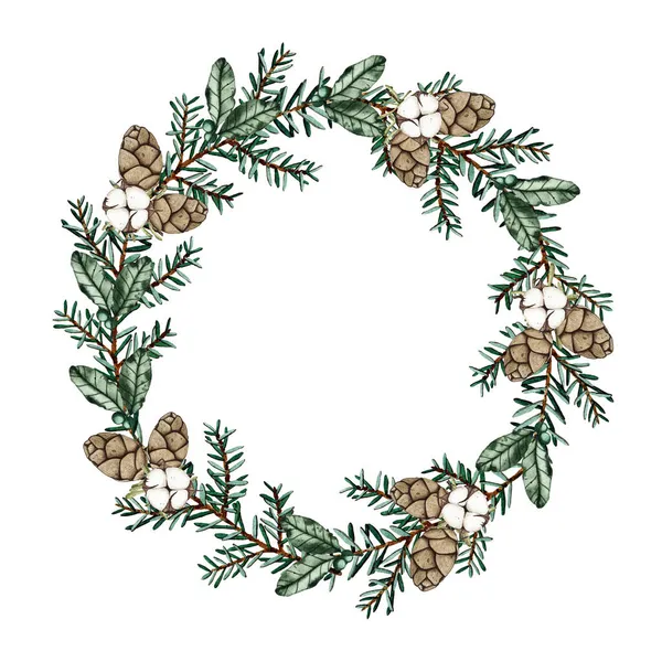 Aquarell Runder Weihnachtsrahmen Mit Tannenzweigen Tannenzapfen Baumwolle Isoliert Auf Weißem — Stockfoto