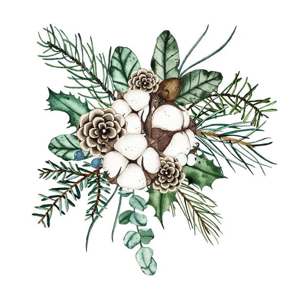 Aquarel Kerst Winter Boeket Arrangement Met Sparren Takken Groene Bladeren — Stockfoto