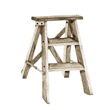 Beyaz arka planda izole edilmiş eski ahşap merdiven. Merdiven inşa aracı illüstrasyonu