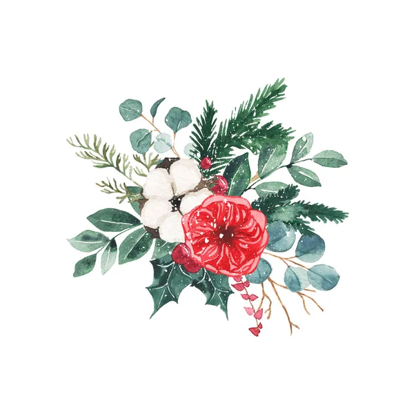 Watercolor Christmas Winter Bouquet Arrangement Fir Branches Green Leaves Flowers — Stock Photo, Image