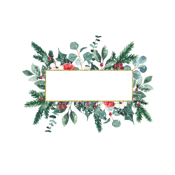 Akwarela Bożonarodzeniowa Złota Ramka Gałązkami Jodły Bawełna Liście Odizolowane Białym — Zdjęcie stockowe