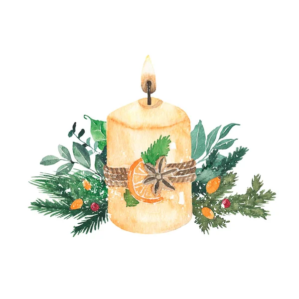 Watercolor Christmas Candle Bouquet Fir Branches Isolated White Background Winter — Stock Photo, Image