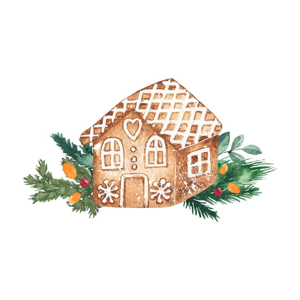 Akvarell Karácsonyi Gyömbér Kenyér Ház Elszigetelt Fehér Háttér Téli Ünnep — Stock Fotó