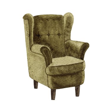 Beyaz arka planda izole edilmiş suluboya rahat koltuk. Yeşil sandalye ev içi oturma odası mobilyası çizimi