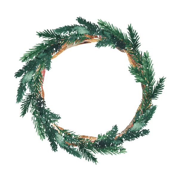 Aquarell Runder Weihnachtsrahmen Mit Tannenzweigen Auf Weißem Hintergrund Botanisches Grün — Stockfoto