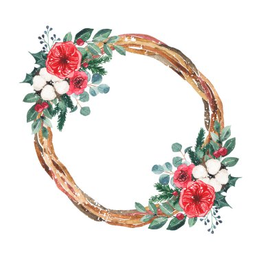 Beyaz arka planda köknar dalları, böğürtlenler, pamuklar olan suluboya yuvarlak Noel çerçevesi. Düğün davetiyesi tasarımı için botanik yeşili tatil illemesi