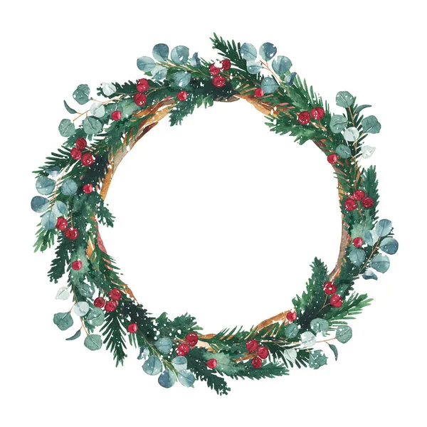 수채화로 크리스마스 장식에 전나무 배경에 고립된 말이야 초대장 디자인을 식물성 — 스톡 사진