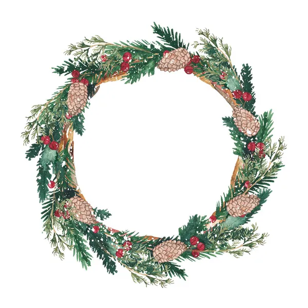 Watercolor Christmas Frame Fir Branches Berries Pine Cone Isolated White — Stock Photo, Image