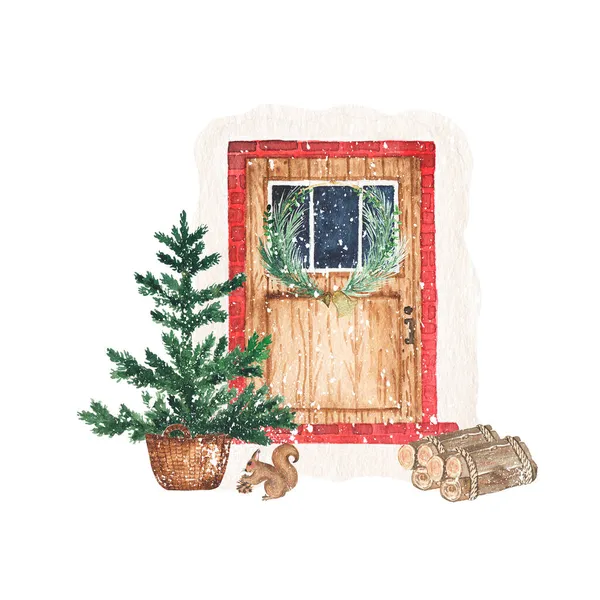Suluboya Noel Ağacı Beyaz Arka Planda Izole Edilmiş Kapısı Kış — Stok fotoğraf