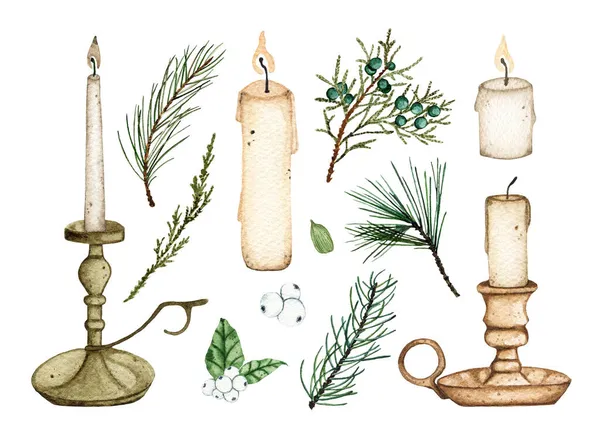 Set Acquerello Candele Rami Abete Decorazione Invernale Disegnato Mano Rami — Foto Stock