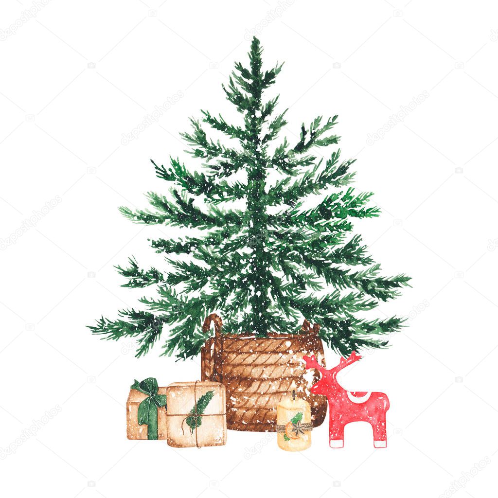 Watercolor Christmas tree, balls and gift boxes isolated on white background. Winter holiday xmas celebration illustration