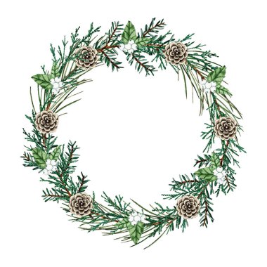 Köknar dalları, kozalaklar, böğürtlenler, pamuklar ile suluboya yuvarlak Noel çerçevesi