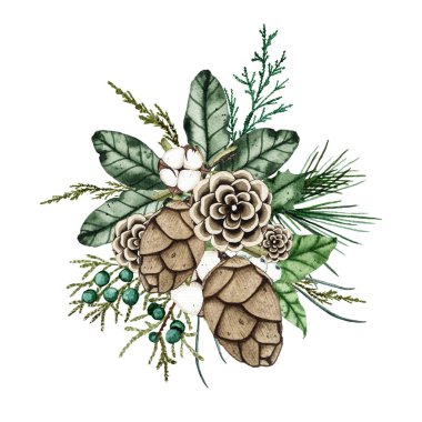 Suluboya Noel kış buketi düzenlemesi köknar dalları, yeşil yapraklar