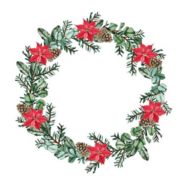 Köknar dalları, çam kozalakları, noktalı çiçek içeren suluboya yuvarlak Noel çerçevesi