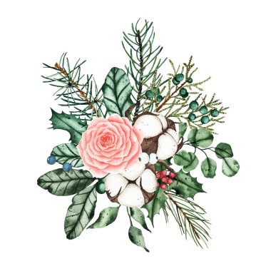 Suluboya Noel kış buketi düzenlemesi köknar dalları, yeşil yapraklar