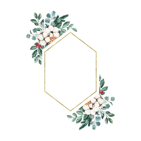 Watercolor christmas golden frame with fir branches, cotton, leaves — Stock Photo, Image