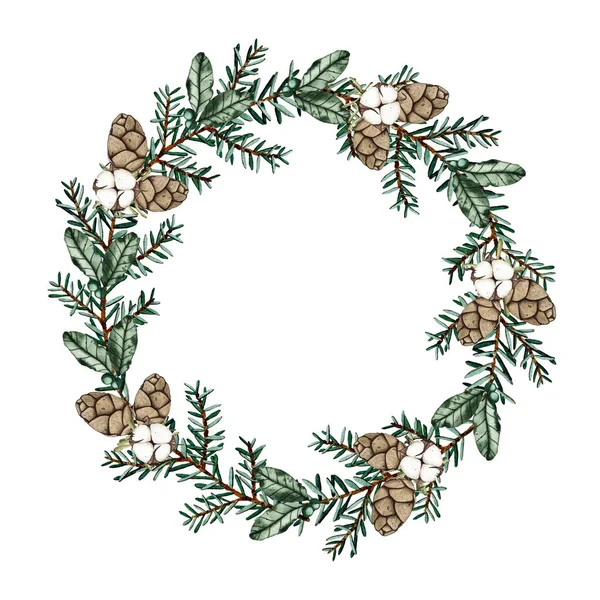 Aquarell runder Weihnachtsrahmen mit Tannenzweigen, Tannenzapfen, Baumwolle — Stockfoto
