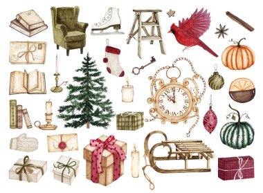 Suluboya Noel ikonları hediye kutuları, ağaç, mumlar, eski kitaplar, kırmızı kardinal kuşlar.