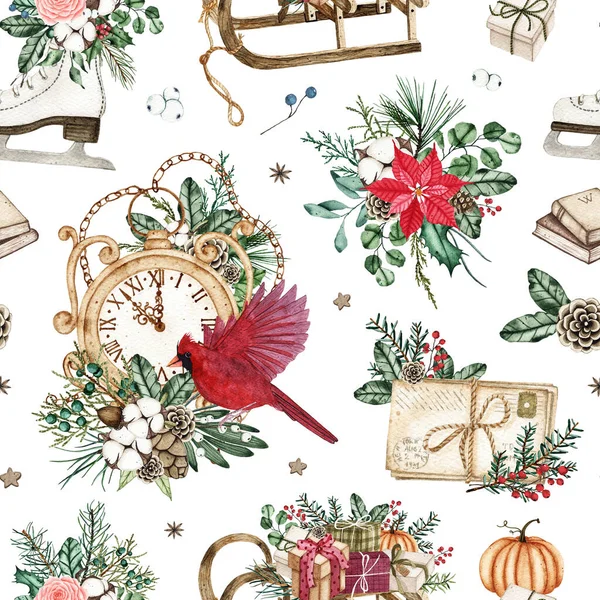 Акварель зимой бесшовный узор с рождественскими коньками, винтажные часы — стоковое фото