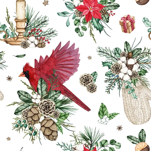 Акварель зимний бесшовный узор с рождественскими букетами, красный кардинал птиц — стоковое фото