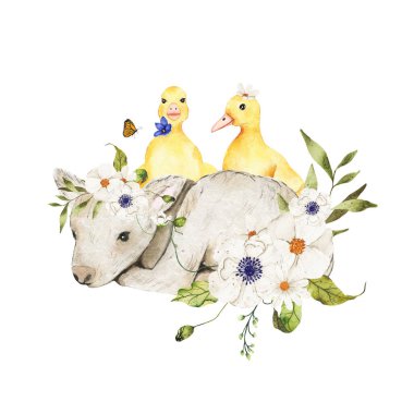Suluboya Paskalya kompozisyonu küçük kuzular ve ördek yavruları beyaz arka planda izole edilmiş çiçek buketleriyle süslenmiş. İlkbahar Paskalya tatili illüstrasyonu