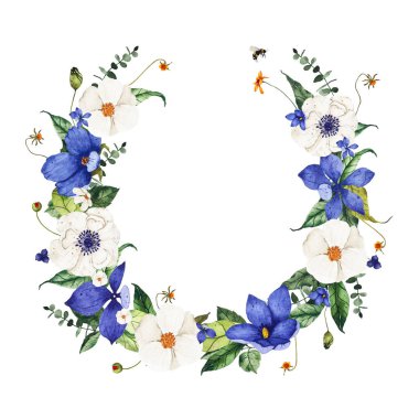 Suluboya yaz çiçekleri mavi kır çiçekleriyle