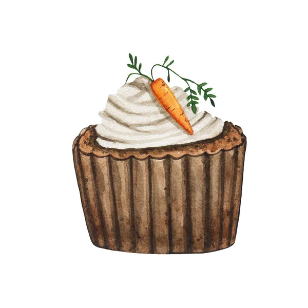 Watercolor Easter Cupcake Decorated Cream Sweet Carrot Isolated White Background — Stock Photo, Image