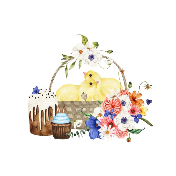 Aquarel paascompositie met kleine kip in mand versierd met bloemen, cupcakes — Stockfoto