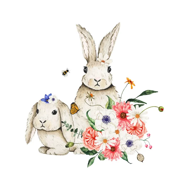 Akvarell påsk sammansättning liten kanin dekorerad med blommor buketter — Stockfoto