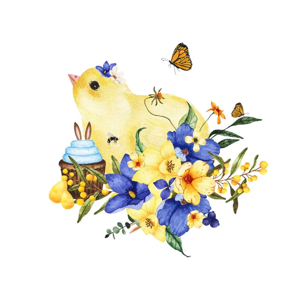 Watercolor Easter composition little chicken decorated with flowers bouquets — Stock Photo, Image