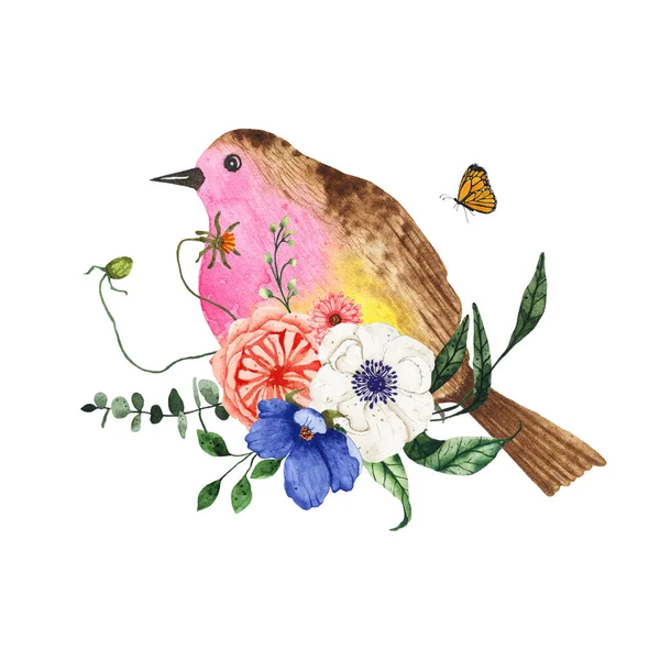 Aquarel kleurrijke roze bruine vogel versierd met bloemen — Stockfoto