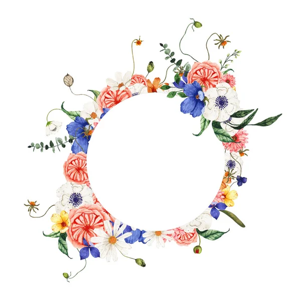 Acuarela marco floral de verano con flores silvestres aisladas — Foto de Stock