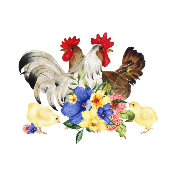 Watercolor Easter composition rooster, hen, chicken decorated with flowers — Stock Photo, Image