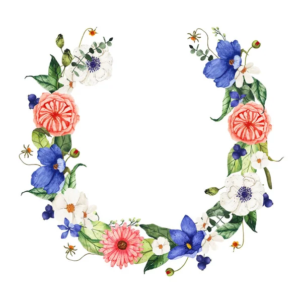 Watercolor summer floral wreath with pink white blue wildflowers — Stock Photo, Image