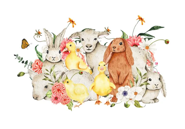 Акварель пасхальная композиция ягненок, кролик, утята, курица украшены цветами — стоковое фото