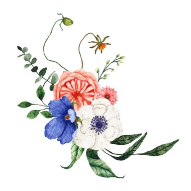 Beyaz arka planda yeşil yapraklı suluboya çiçek buketi. Düğün davetiyesi için çiçek açan bahar çiçeği illüstrasyonunu tarih kartına kaydet