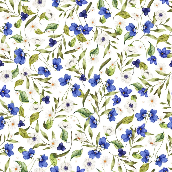 Watercolor seamless pattern with wild flowers blue and white on light background — стоковое фото
