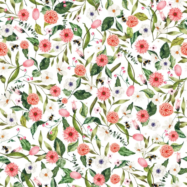 Watercolor seamless pattern with wild flowers pink and white on light background — стоковое фото