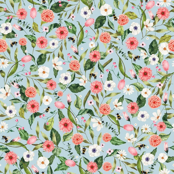 Watercolor seamless pattern with wild flowers pink and white on colorful background — стоковое фото