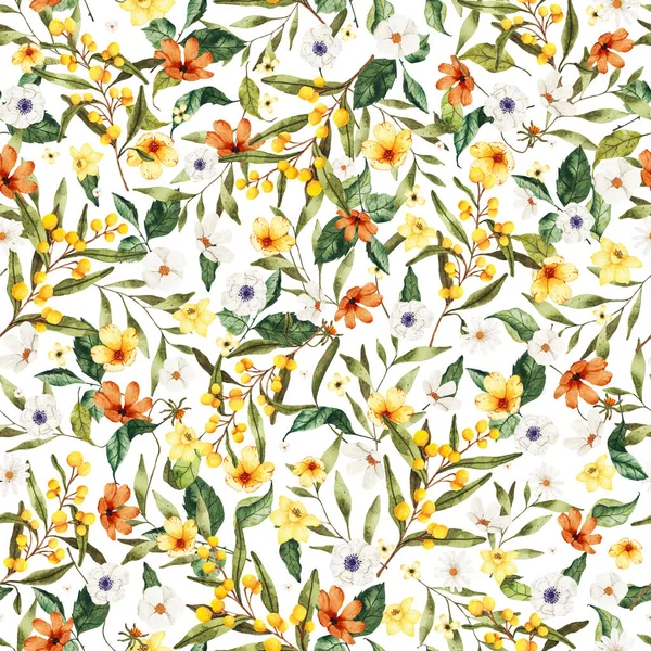 Watercolor seamless pattern with wild flowers yellow and white — стоковое фото