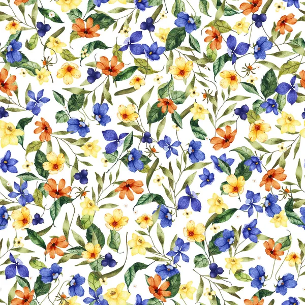 Watercolor seamless pattern with wild flowers blue and yellow on white background — стоковое фото