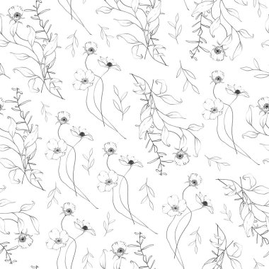 Botanik anahatlarıyla kusursuz desenli kır çiçeği, dal, yapraklar. El çizimi, soyut kalem çizimi, tarla çiçeği, beyaz arka plan üzerine bitki, tekstil, kumaş, ambalaj için sanat çizimi.