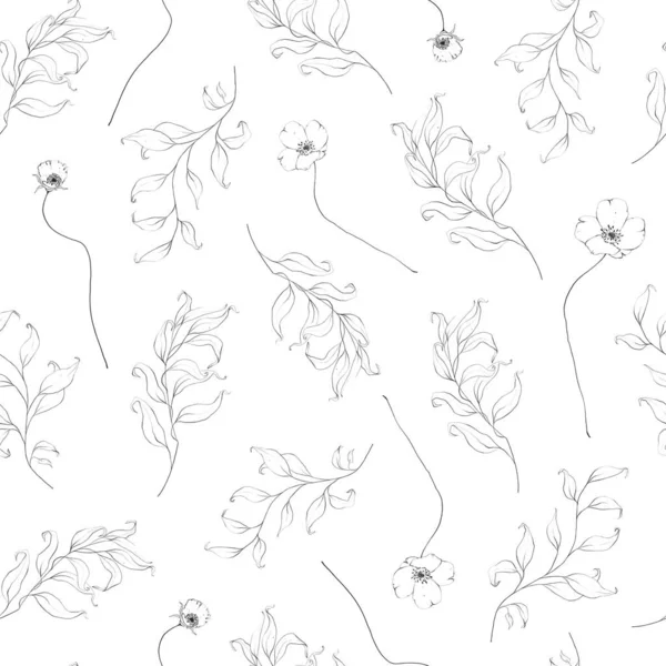 Seamless Pattern Botanic Outline Wildflower Branch Leaves Hand Drawn Floral — Stock Fotó
